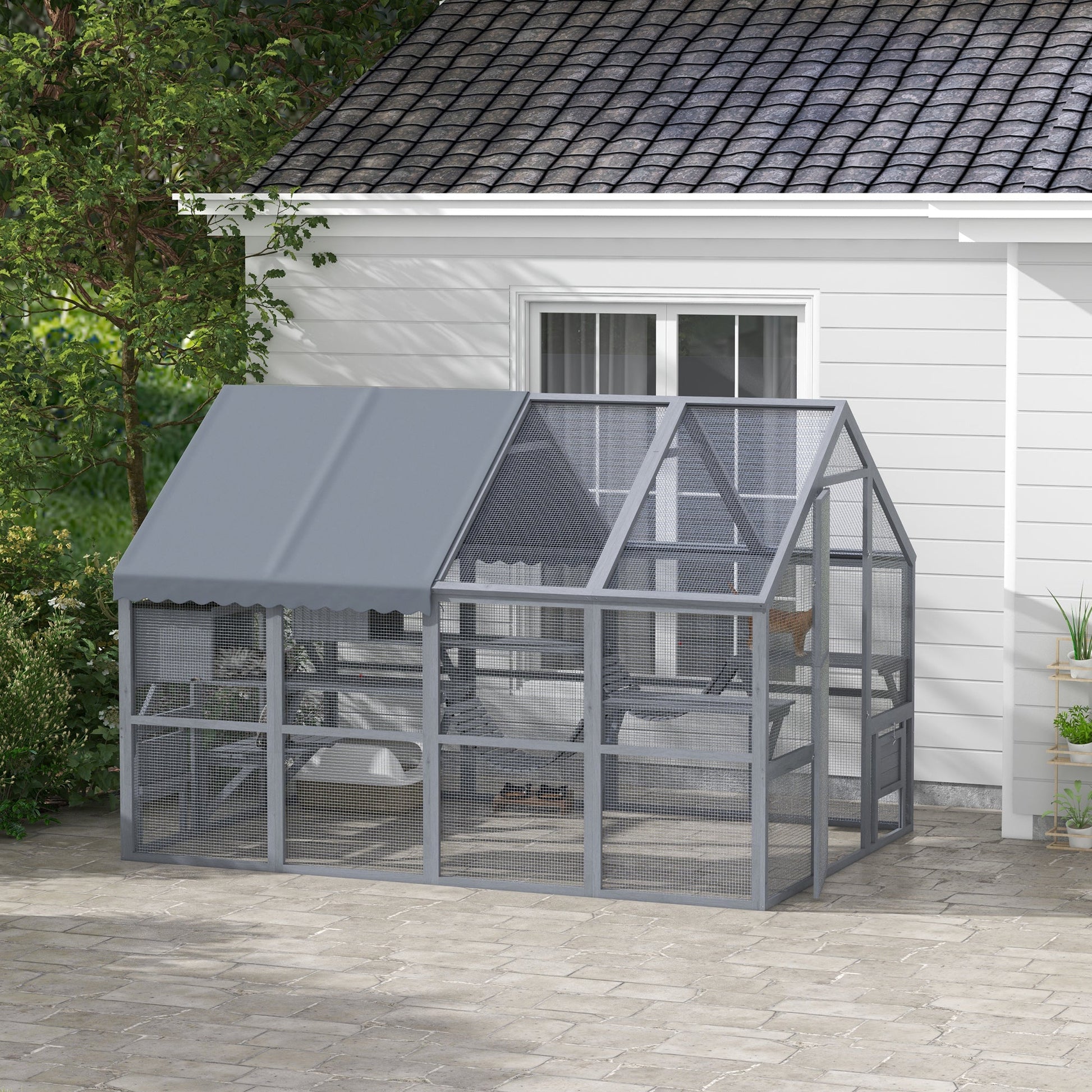 KFX-6477629 Outdoor Cat Enclosure with Waterproof Cover, Two Condos, and Six Platforms in Gray