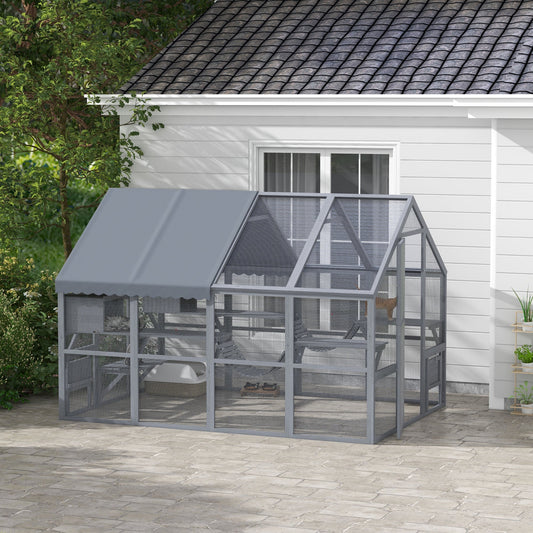 KFX-6477629 Outdoor Cat Enclosure with Waterproof Cover, Two Condos, and Six Platforms in Gray