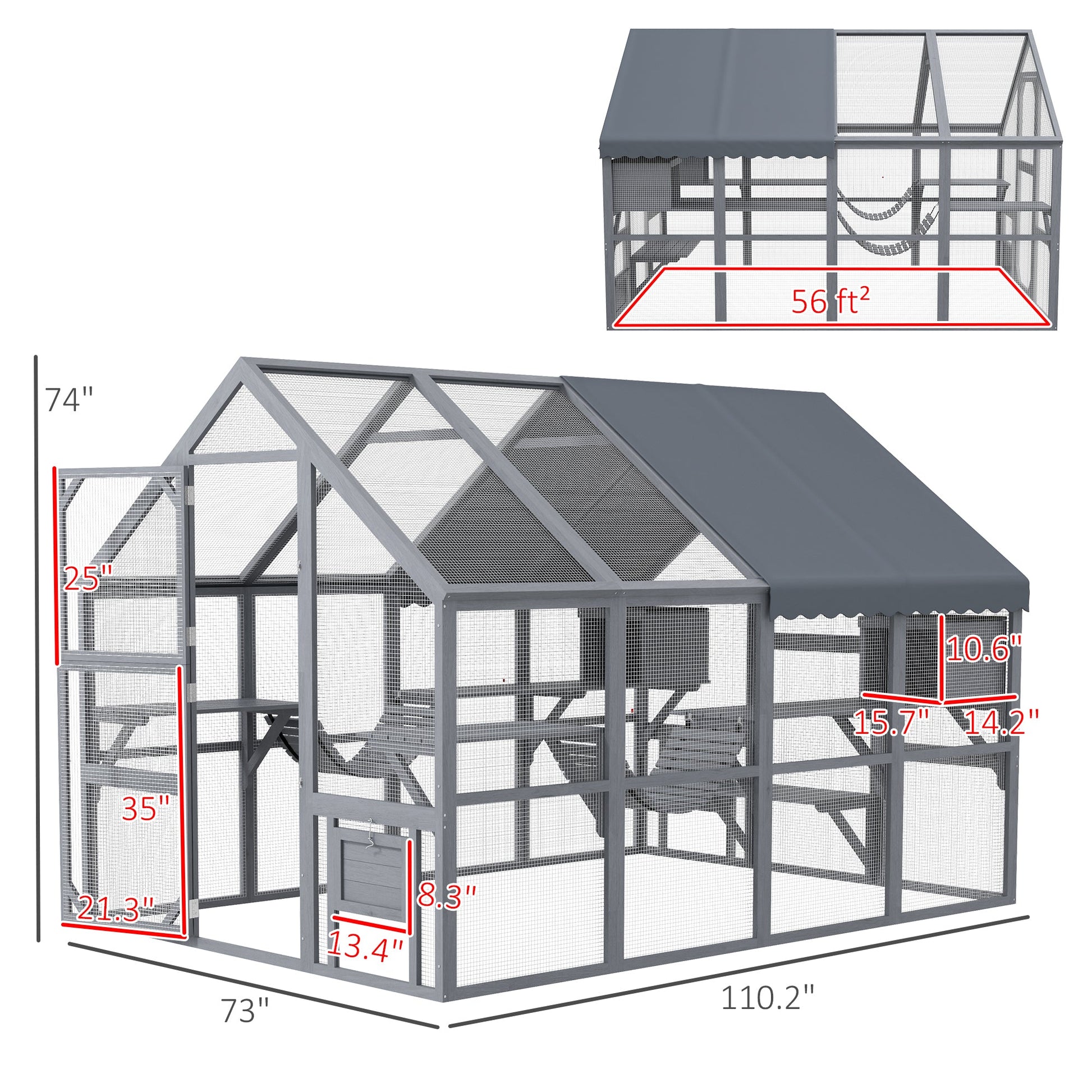 KFX-6477629 Outdoor Cat Enclosure with Waterproof Cover, Two Condos, and Six Platforms in Gray