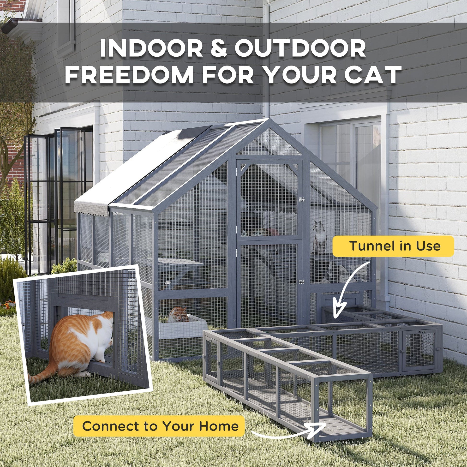 KFX-6477629 Outdoor Cat Enclosure with Waterproof Cover, Two Condos, and Six Platforms in Gray
