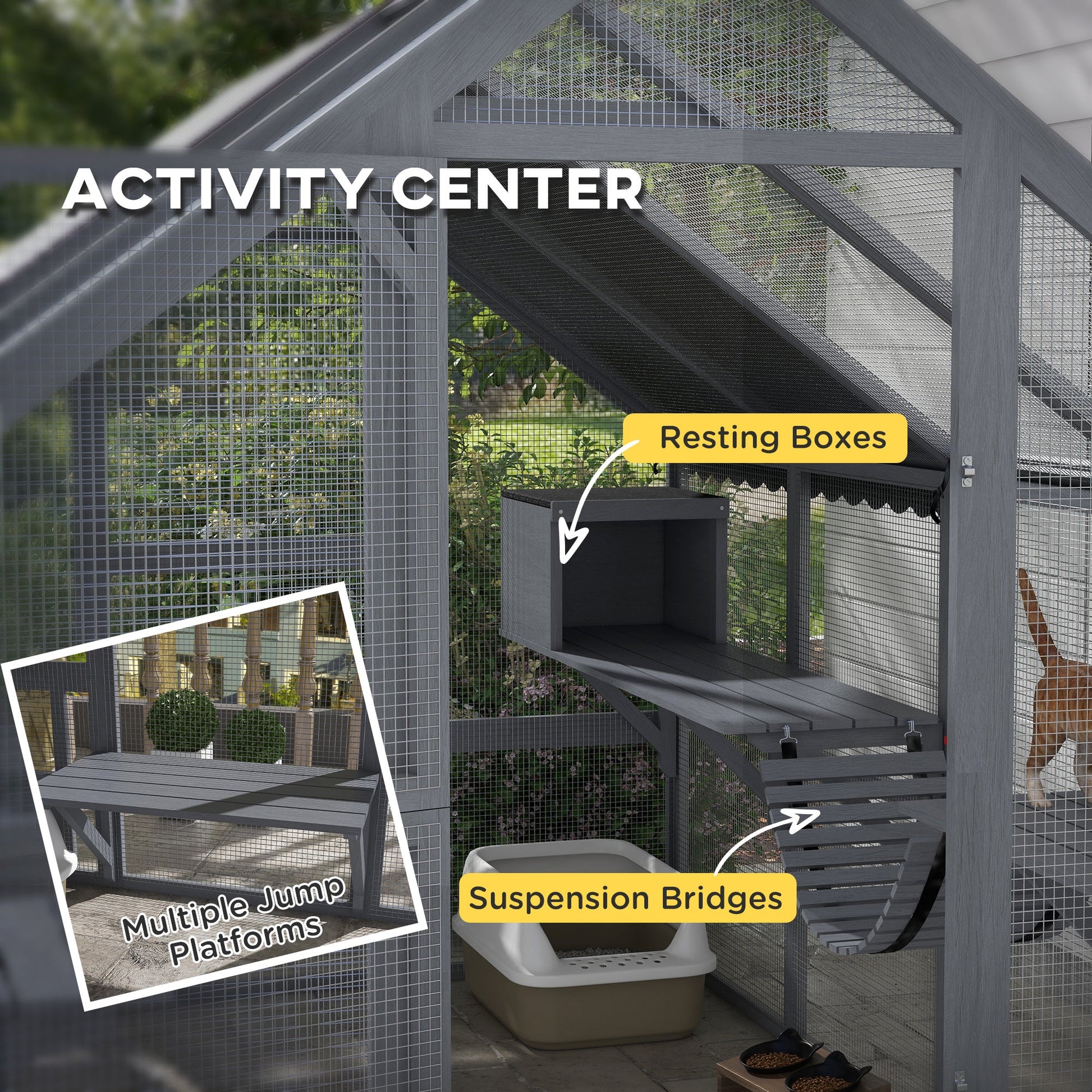KFX-6477629 Outdoor Cat Enclosure with Waterproof Cover, Two Condos, and Six Platforms in Gray
