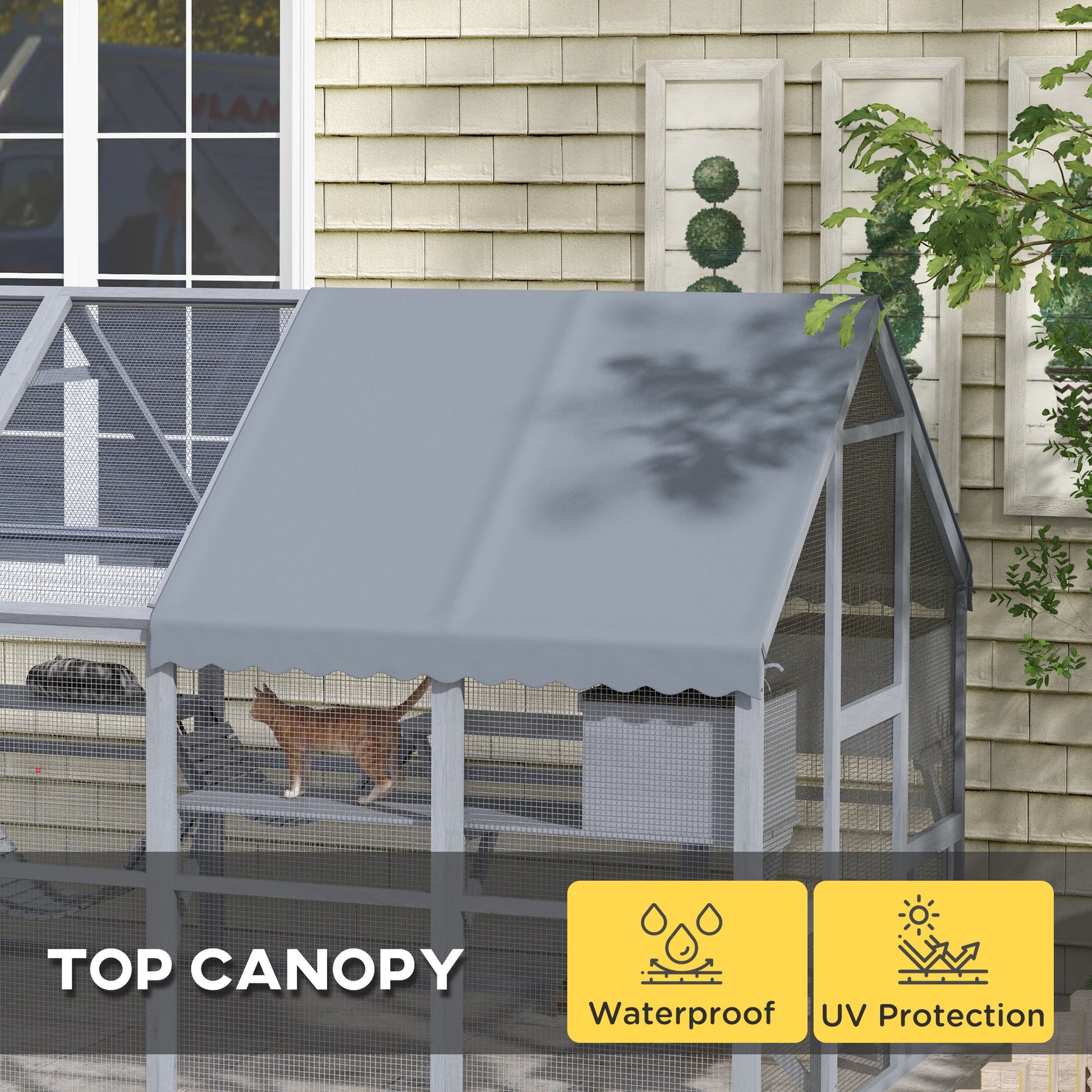 KFX-6477629 Outdoor Cat Enclosure with Waterproof Cover, Two Condos, and Six Platforms in Gray