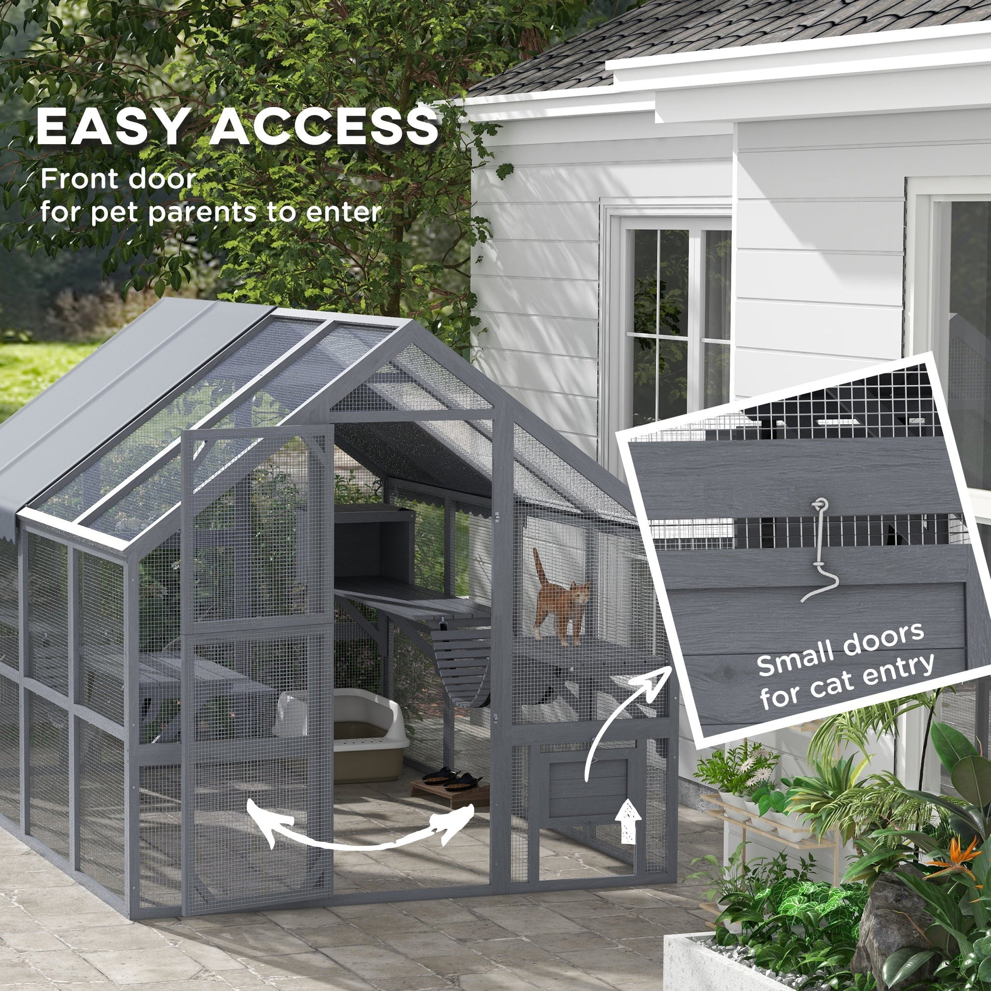 KFX-6477629 Outdoor Cat Enclosure with Waterproof Cover, Two Condos, and Six Platforms in Gray