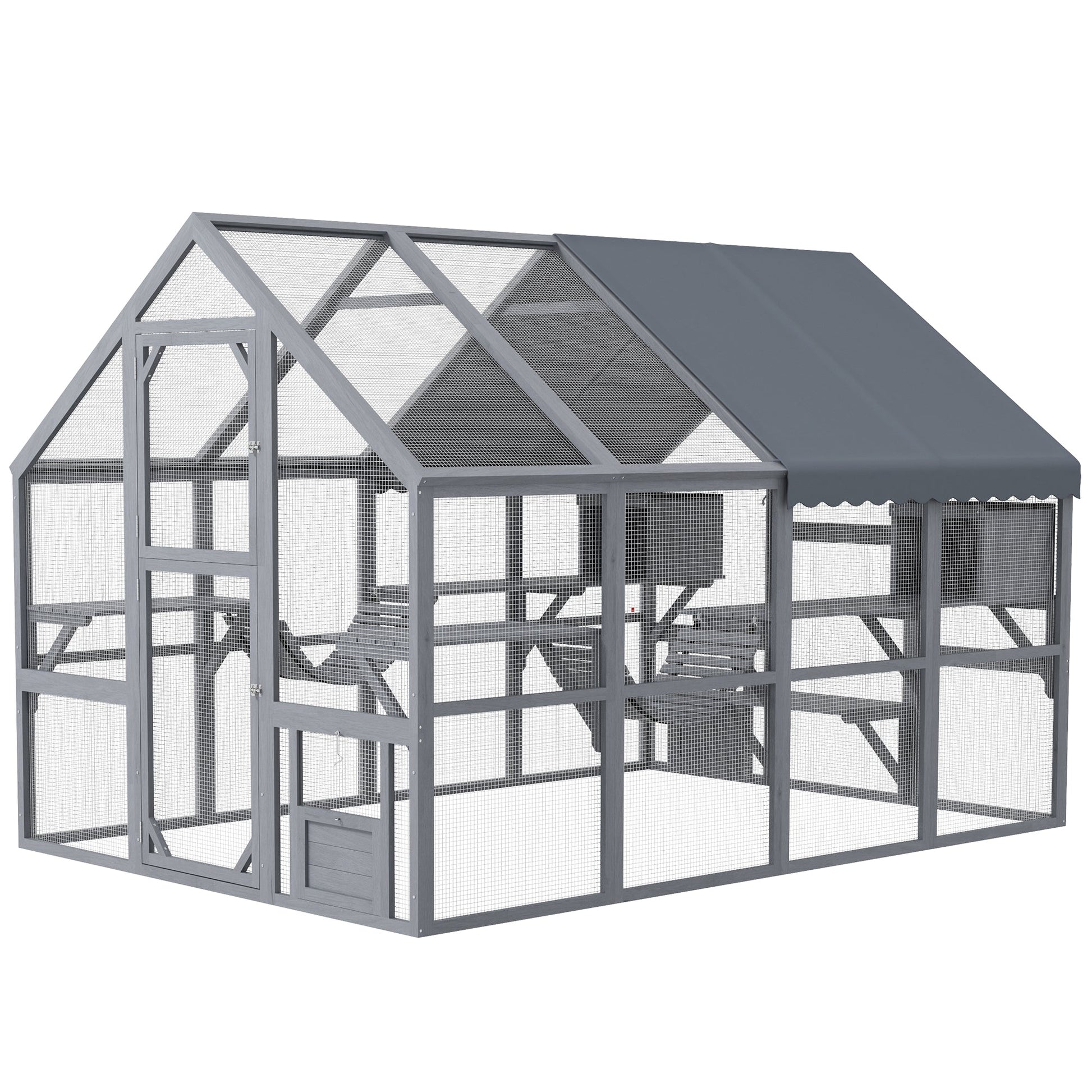 KFX-6477629 Outdoor Cat Enclosure with Waterproof Cover, Two Condos, and Six Platforms in Gray