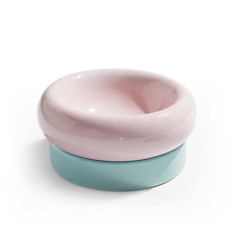 KFX-6477757 Mochi Ceramic Short-Leg Cat Bowl in Light Green and Pink, Medium Size