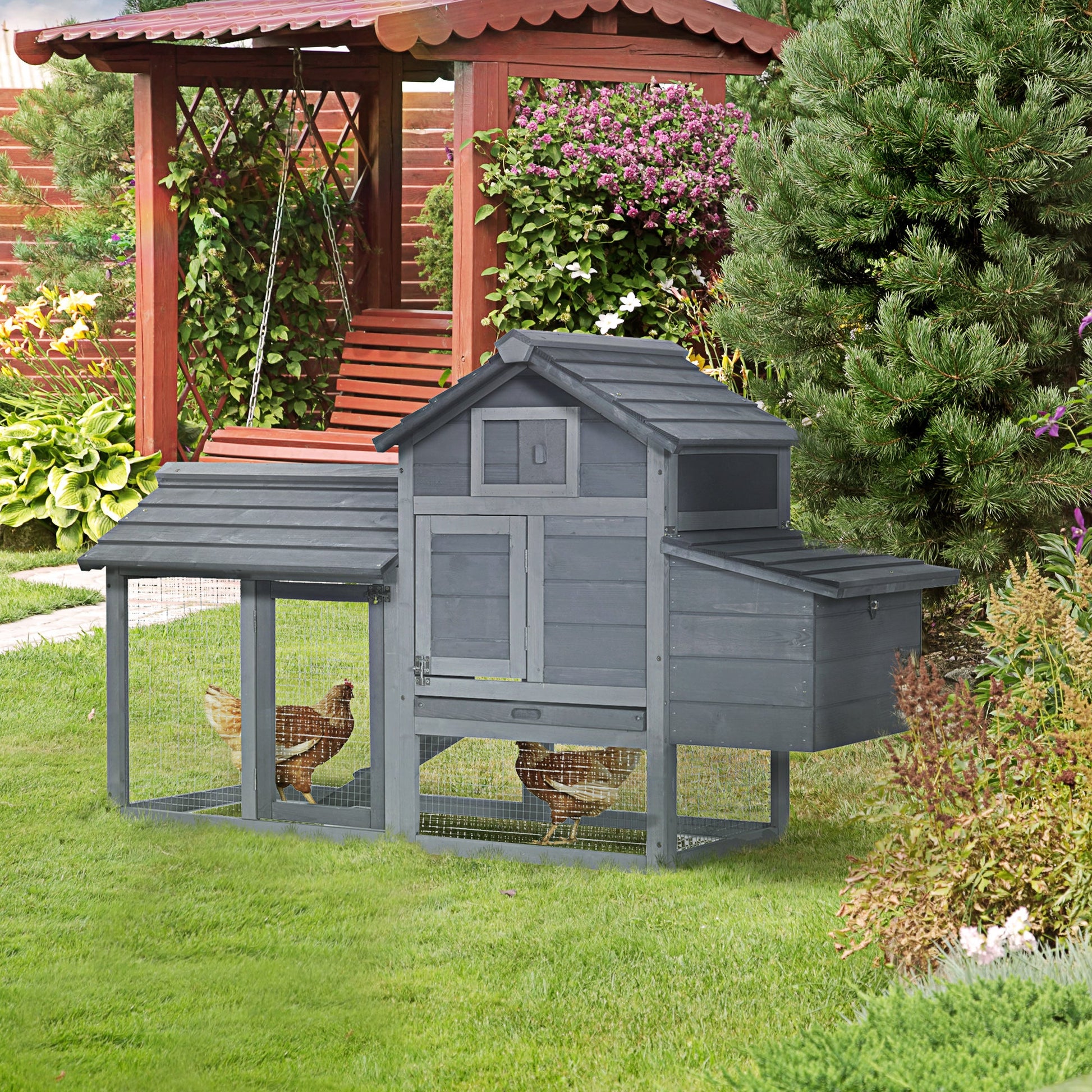 KFX-6481213 Compact 59" Elevated Chicken Coop with Nesting Box and Run, Suitable for Small Hens