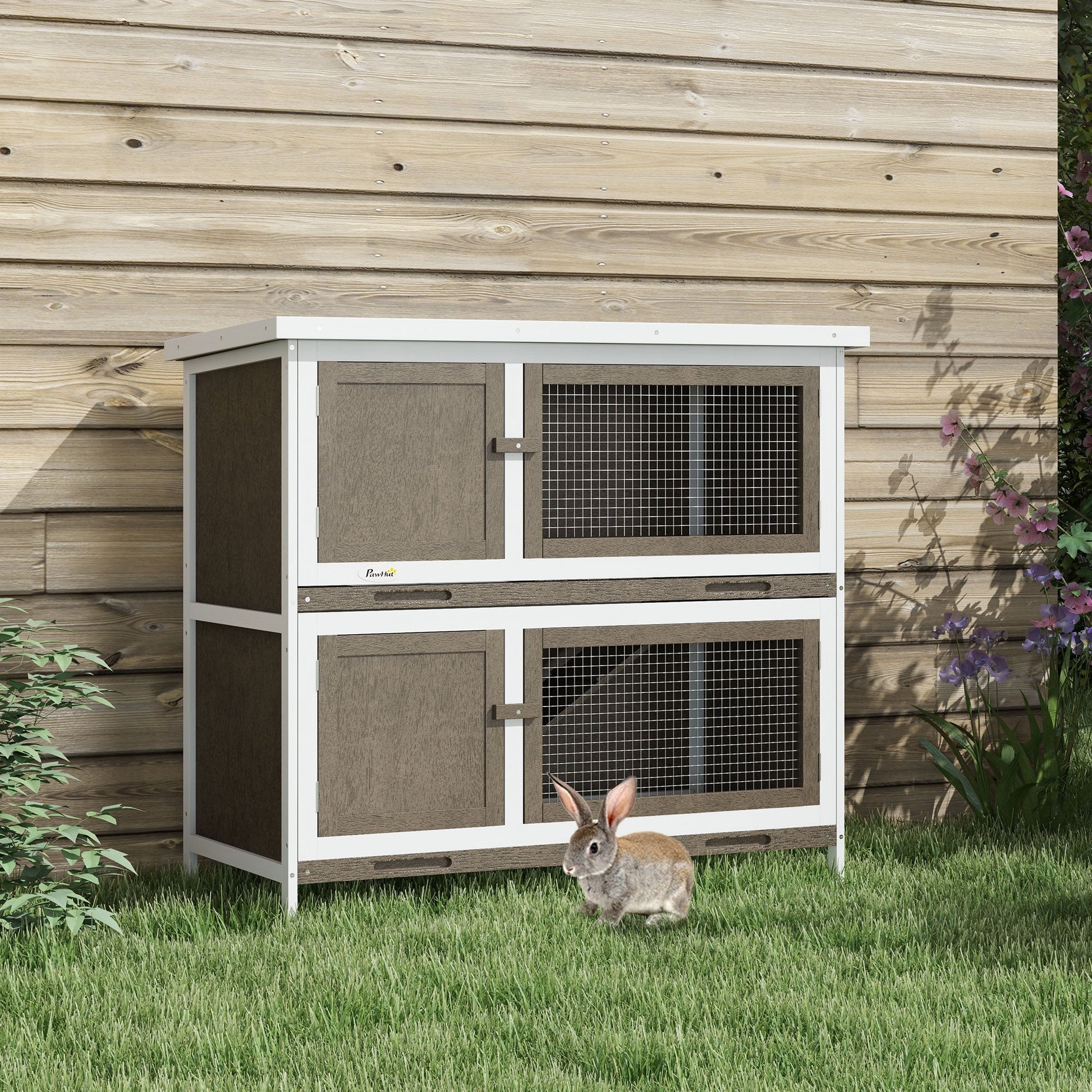 KFX-6486973 Dual-Level Rabbit Hutch with Waterproof Ramp and Outdoor Protection