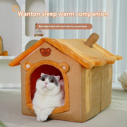 KFX-6487357 Universal Four Seasons Removable Washable Pet Bed - Cute House Type Cathouse Doghouse in Orange and Gray Sizes