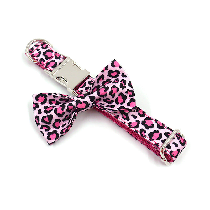 KFX-6491069 Double-layer Pink Leopard Dog Bowknot Collar - Engraved Pet Accessory