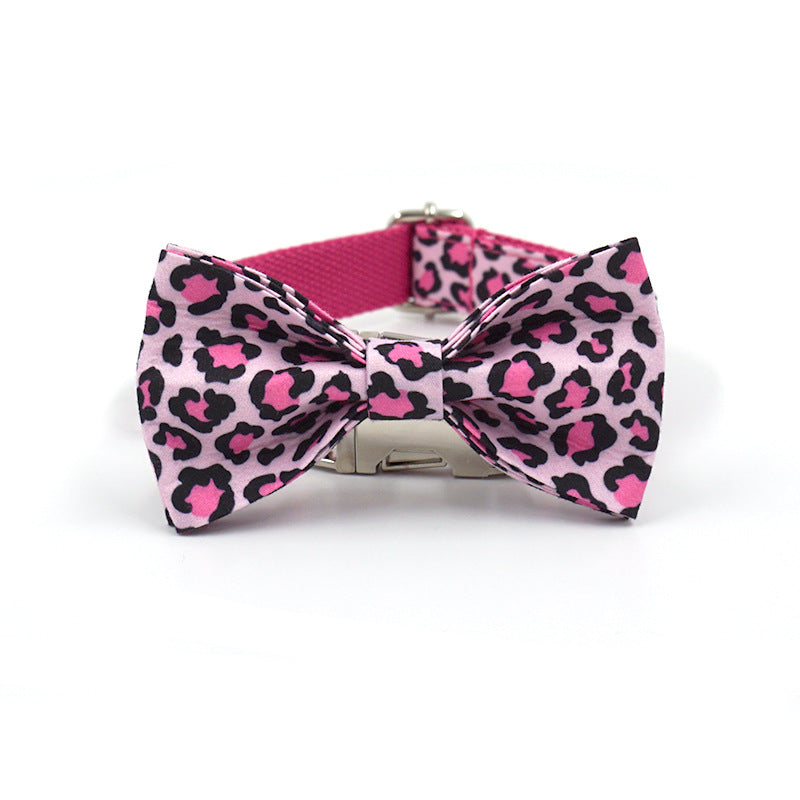 KFX-6491069 Double-layer Pink Leopard Dog Bowknot Collar - Engraved Pet Accessory