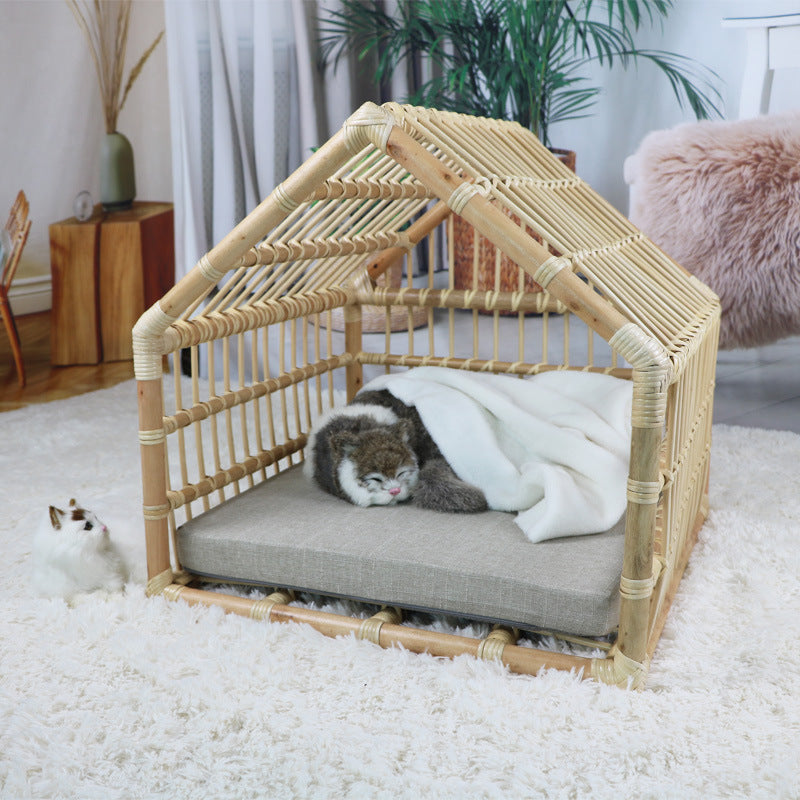 KFX-6492733 Cozy Rattan Cat and Small Dog Cave with Cotton Pad - 50cm Width