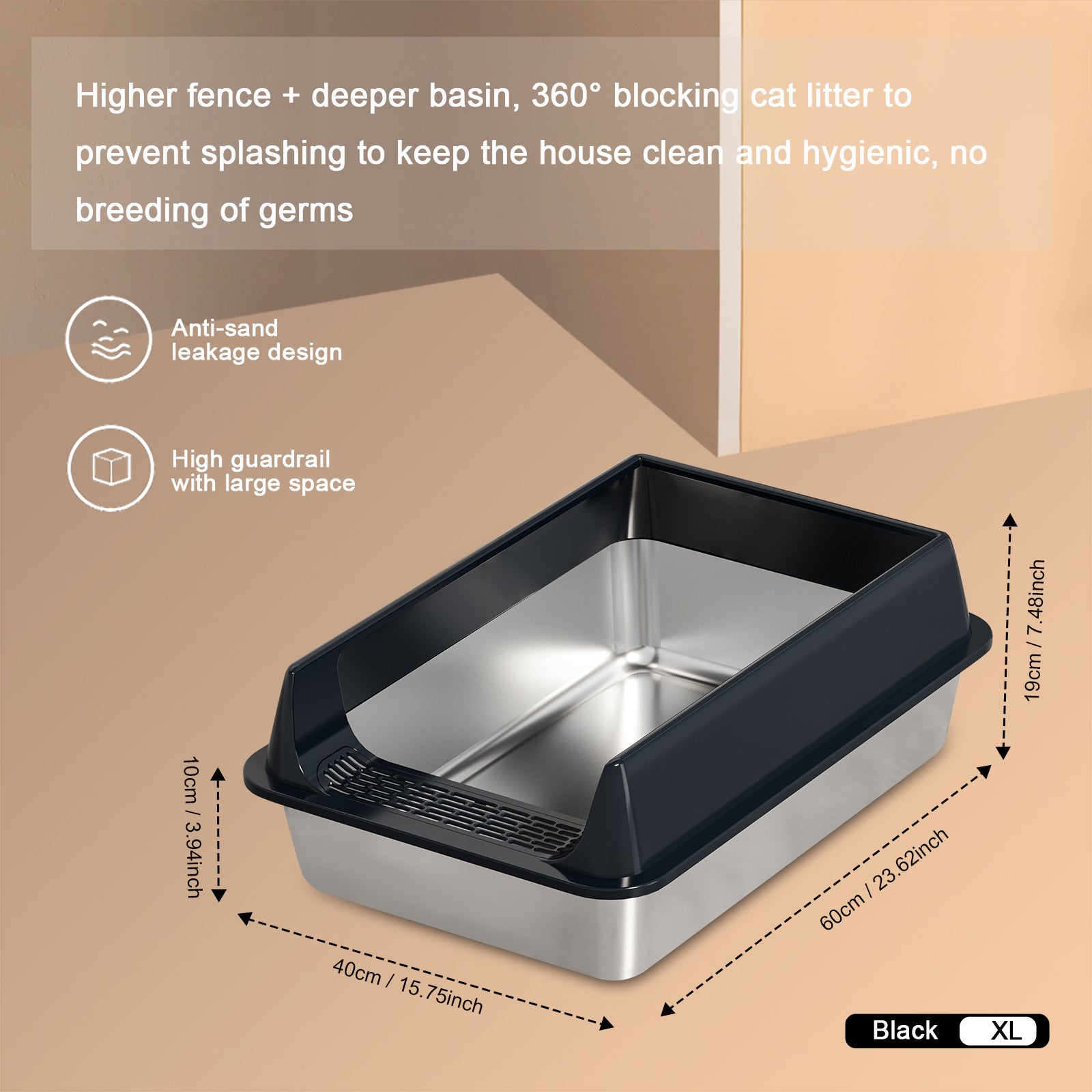 KFX-6494525 Oversized Stainless Steel Litter Box with Removable Lid - Semi-Enclosed, Splash-Proof, and Leak-Proof Design for Large Cats