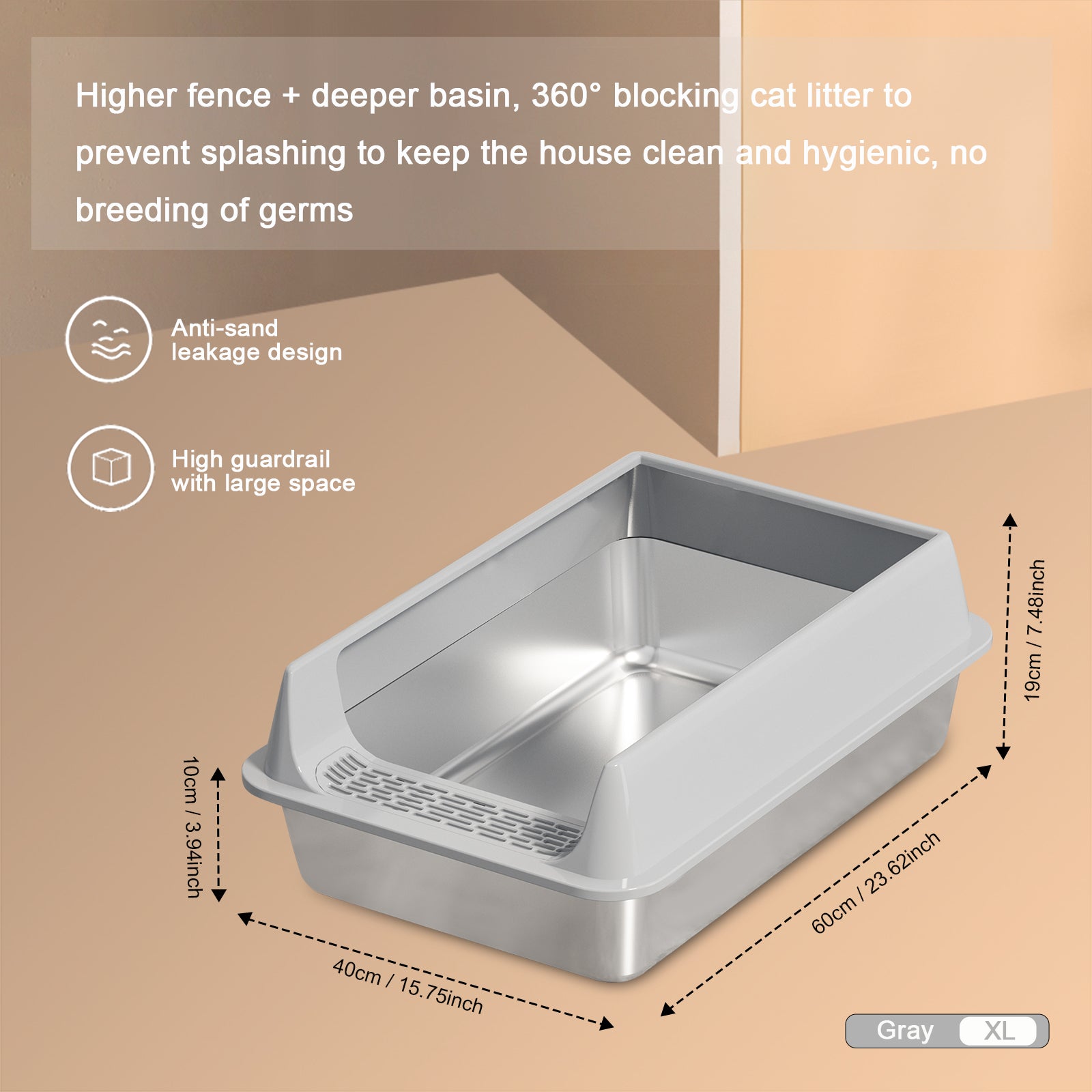 KFX-6494525 Oversized Stainless Steel Litter Box with Removable Lid - Semi-Enclosed, Splash-Proof, and Leak-Proof Design for Large Cats