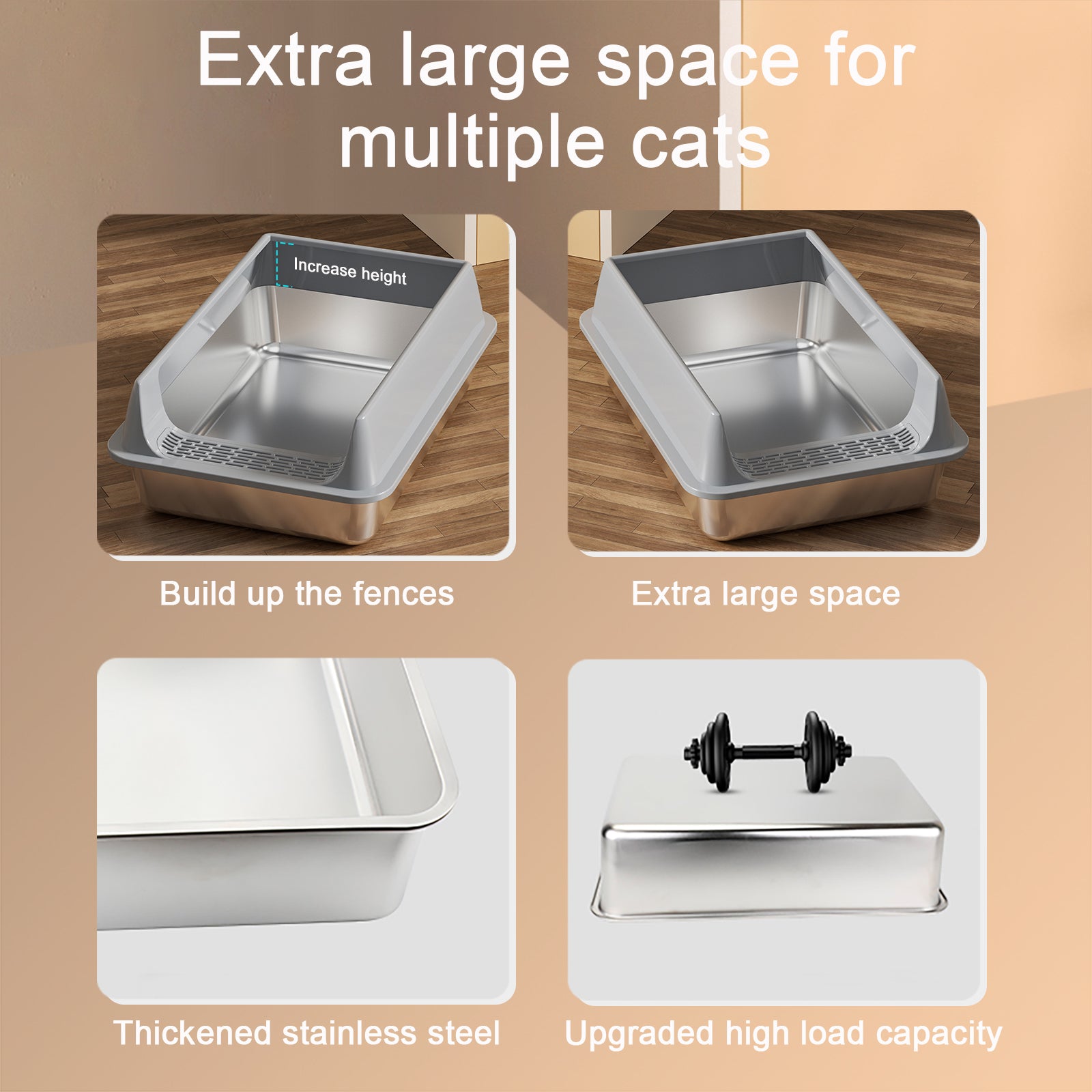 KFX-6494525 Oversized Stainless Steel Litter Box with Removable Lid - Semi-Enclosed, Splash-Proof, and Leak-Proof Design for Large Cats