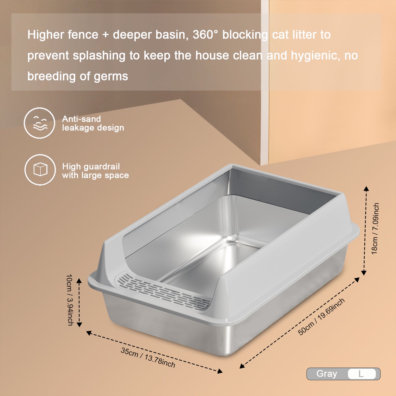 KFX-6494525 Oversized Stainless Steel Litter Box with Removable Lid - Semi-Enclosed, Splash-Proof, and Leak-Proof Design for Large Cats