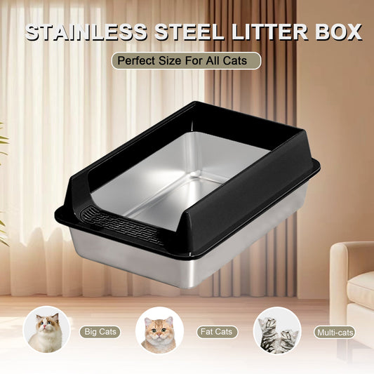 KFX-6494525 Oversized Stainless Steel Litter Box with Removable Lid - Semi-Enclosed, Splash-Proof, and Leak-Proof Design for Large Cats