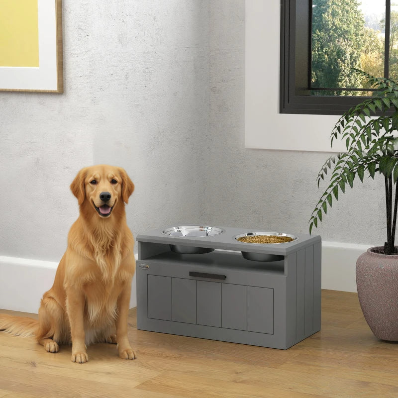 KFX-6500285 Elevated Dog Bowl Stand with 2 Stainless Steel Bowls, Storage Drawer and Slow Feeder Mat for Large Breeds