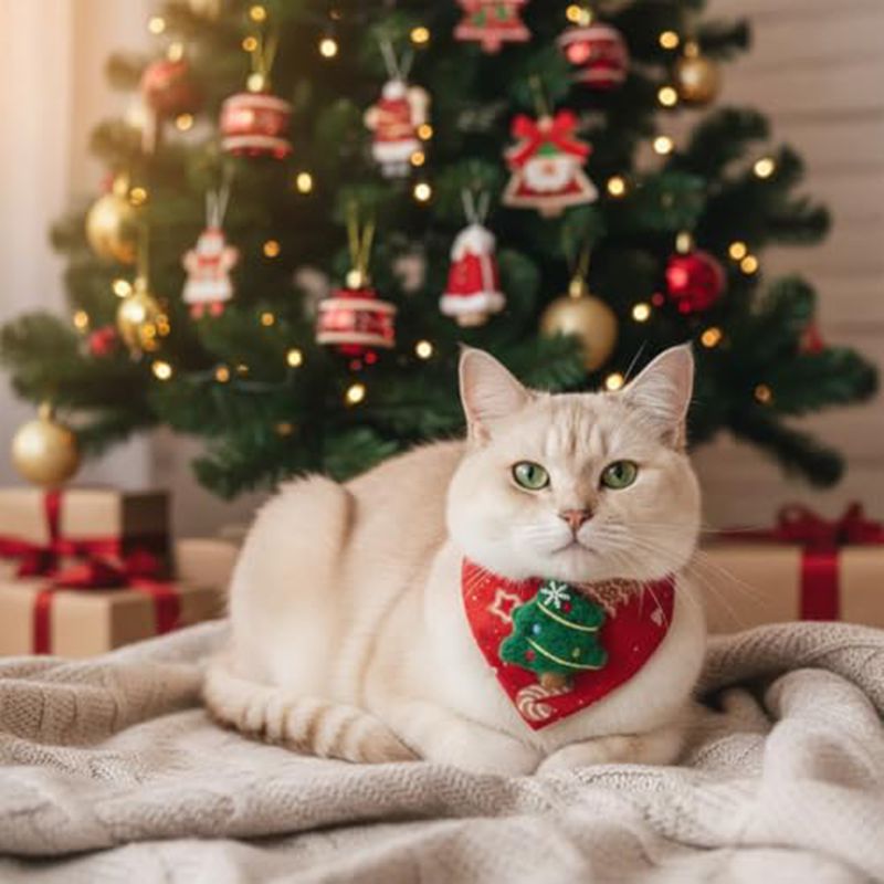 KFX-6500797 Festive Red Christmas Bandana for Pets with Santa and Tree Design, Adjustable Collar for Cats and Small to Medium Dogs
