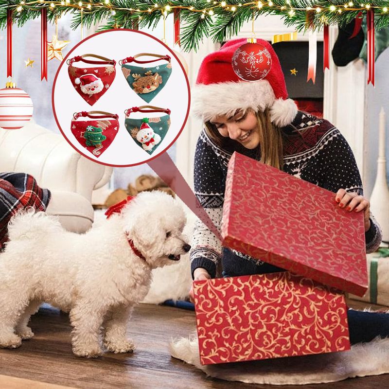 KFX-6500797 Festive Red Christmas Bandana for Pets with Santa and Tree Design, Adjustable Collar for Cats and Small to Medium Dogs