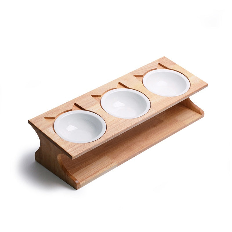 KFX-6504765 Wooden Cat Bowl Set with Ceramic Dish and Installation Tools - Bamboo or Oak Options