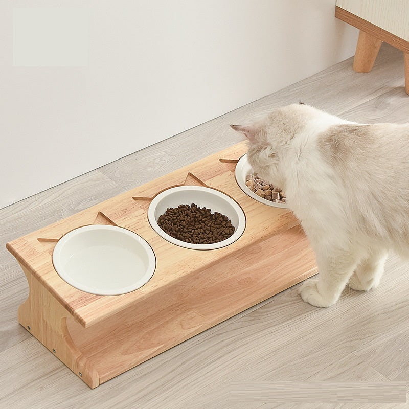 KFX-6504765 Wooden Cat Bowl Set with Ceramic Dish and Installation Tools - Bamboo or Oak Options