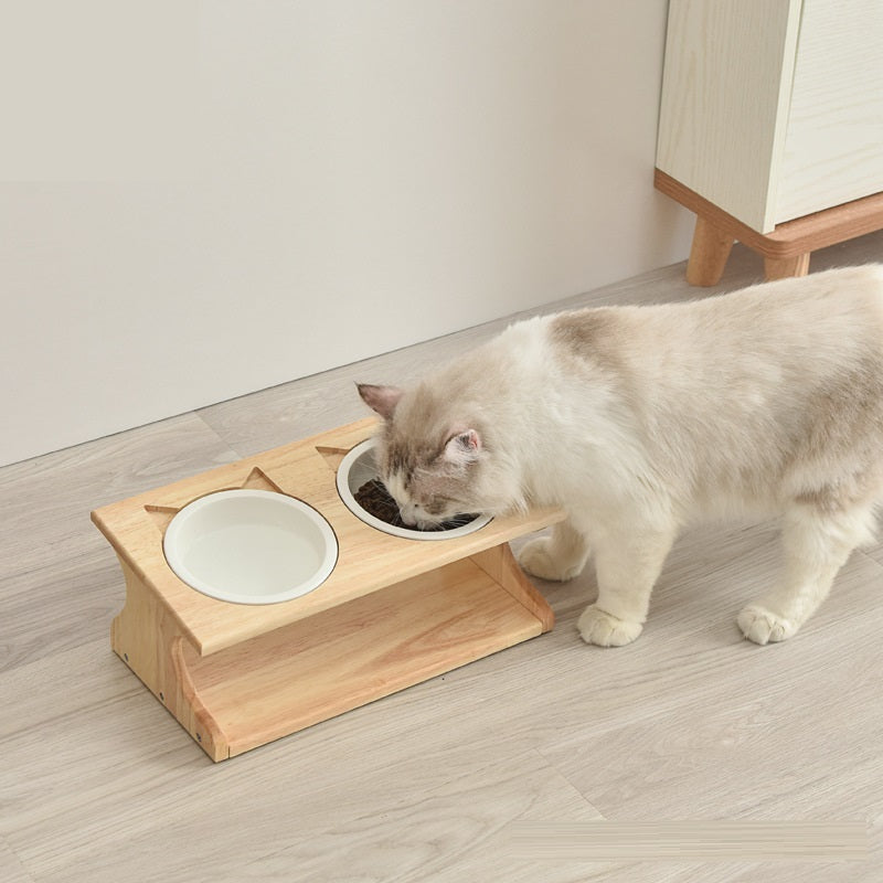 KFX-6504765 Wooden Cat Bowl Set with Ceramic Dish and Installation Tools - Bamboo or Oak Options