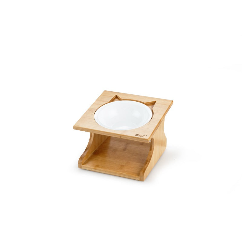 KFX-6504765 Wooden Cat Bowl Set with Ceramic Dish and Installation Tools - Bamboo or Oak Options