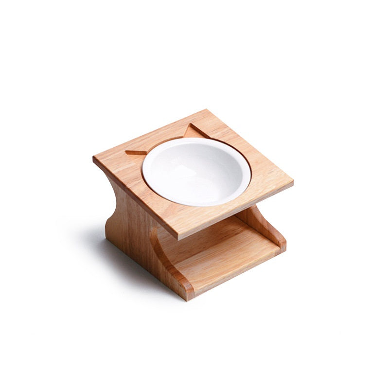KFX-6504765 Wooden Cat Bowl Set with Ceramic Dish and Installation Tools - Bamboo or Oak Options