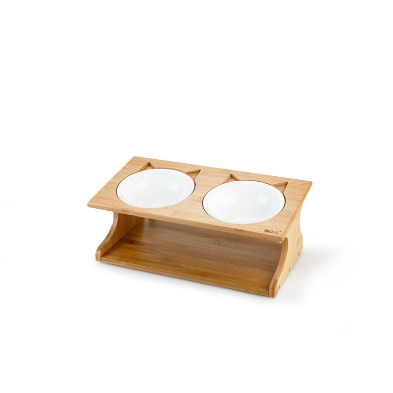 KFX-6504765 Wooden Cat Bowl Set with Ceramic Dish and Installation Tools - Bamboo or Oak Options