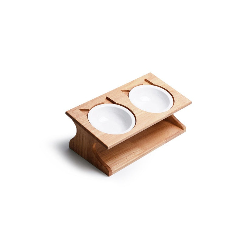 KFX-6504765 Wooden Cat Bowl Set with Ceramic Dish and Installation Tools - Bamboo or Oak Options