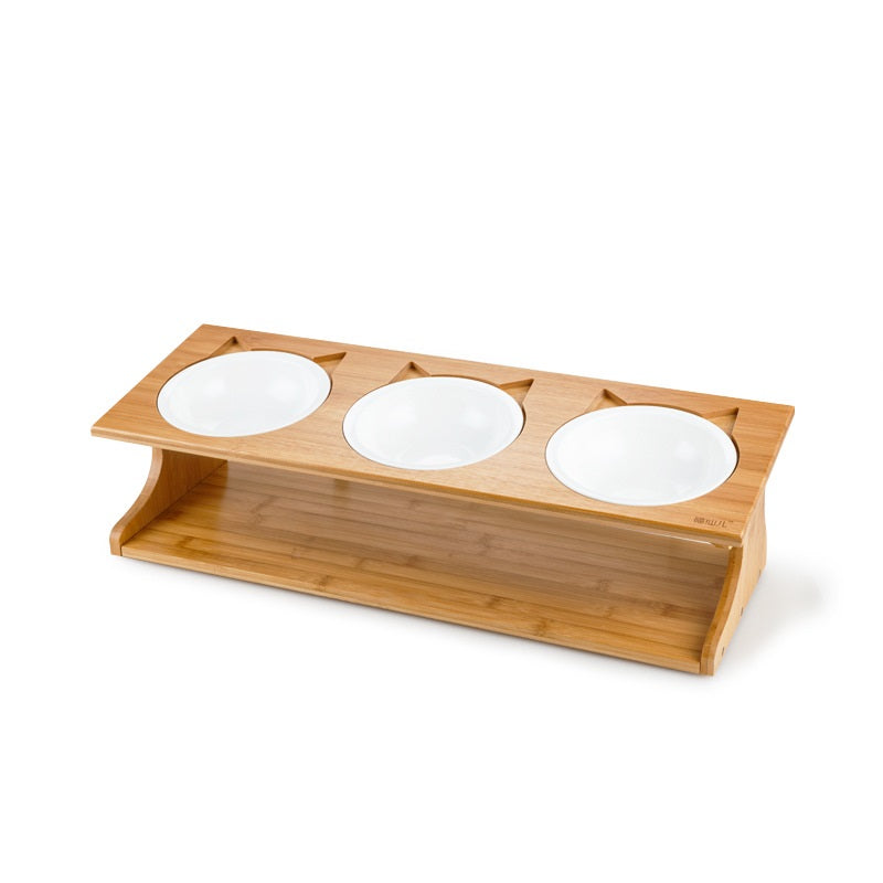 KFX-6504765 Wooden Cat Bowl Set with Ceramic Dish and Installation Tools - Bamboo or Oak Options