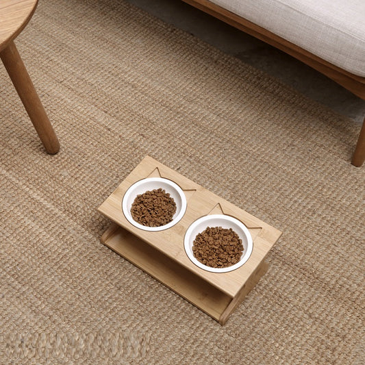 KFX-6504765 Wooden Cat Bowl Set with Ceramic Dish and Installation Tools - Bamboo or Oak Options