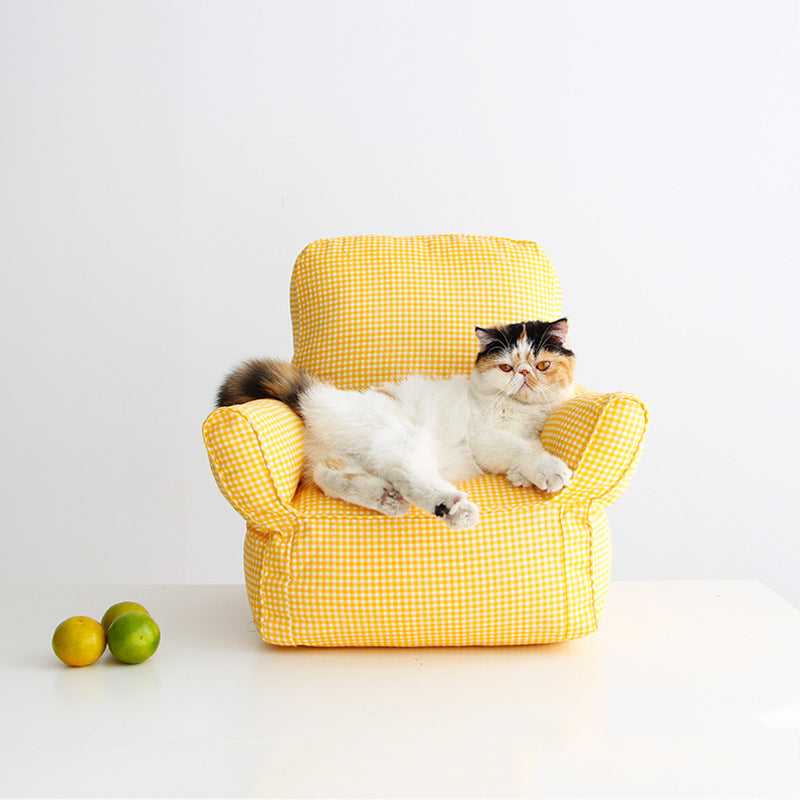 KFX-6510397 Nordic Design Pet Bed in Blue, Yellow, or Pink Plaid - Comfortable and Stylish Cat Sofa