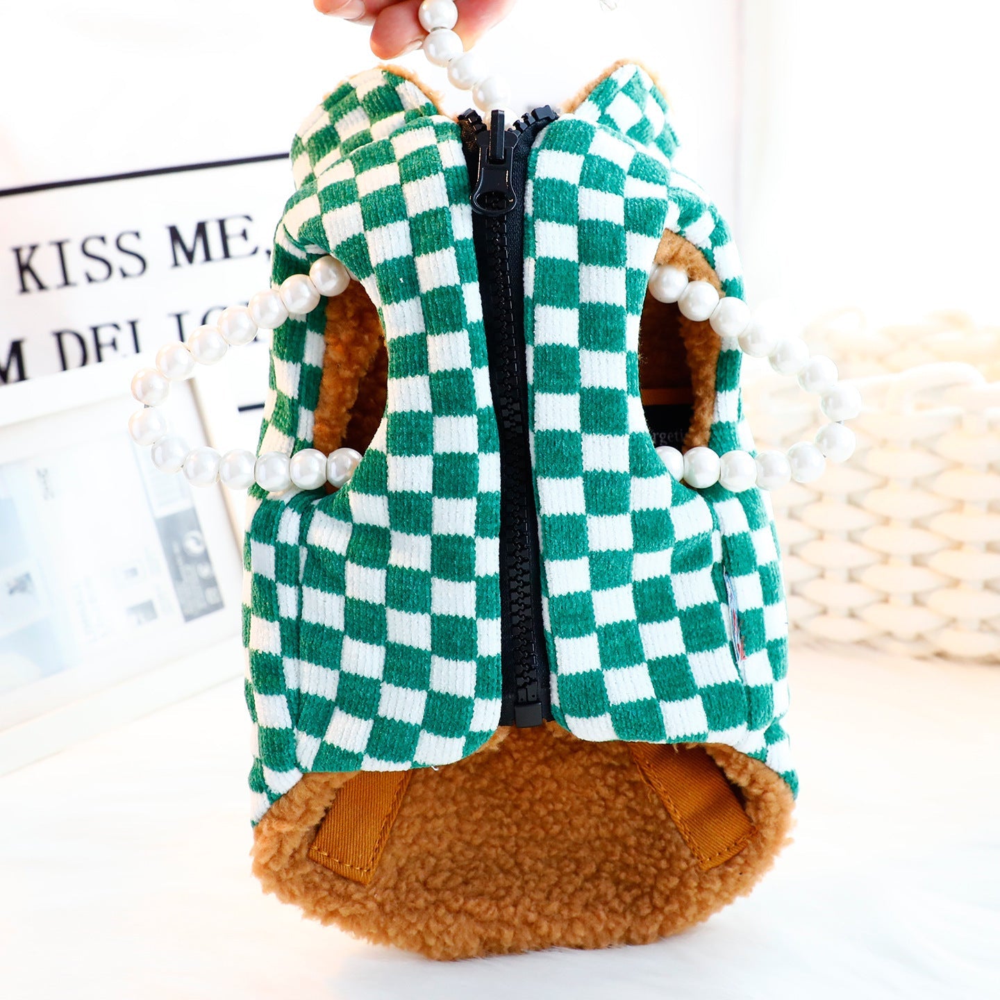 KFX-6515901 Thick Double-Sided Velvet Vest in Coffee White, Green, and Black Plaid for Pets