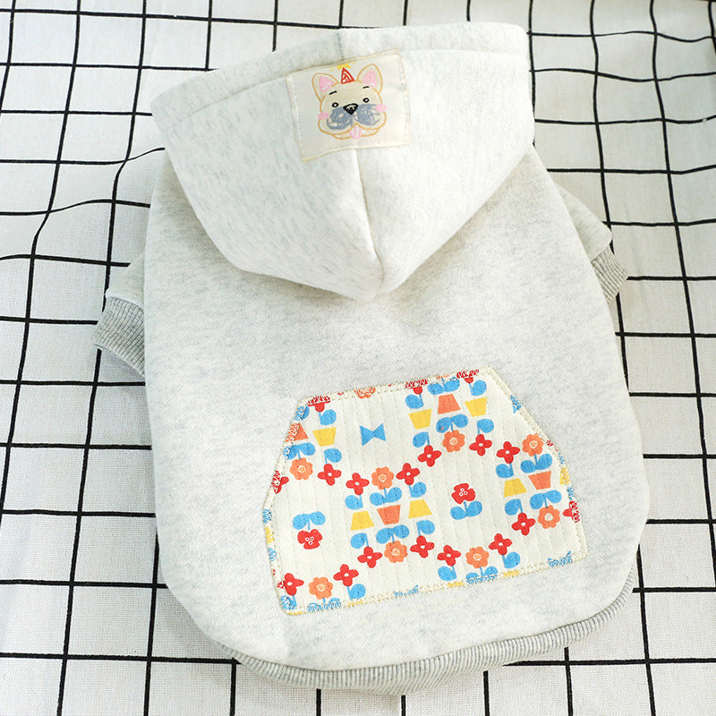 KFX-6522429 Hooded Casual Sweatshirt with Pug Dog Print and Flower Pocket in Grey