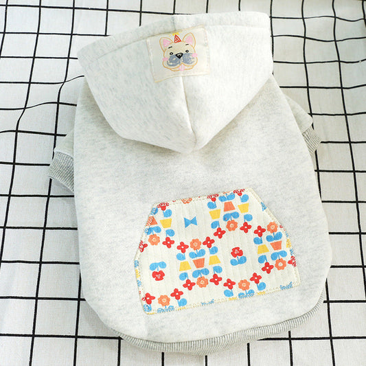 KFX-6522429 Hooded Casual Sweatshirt with Pug Dog Print and Flower Pocket in Grey