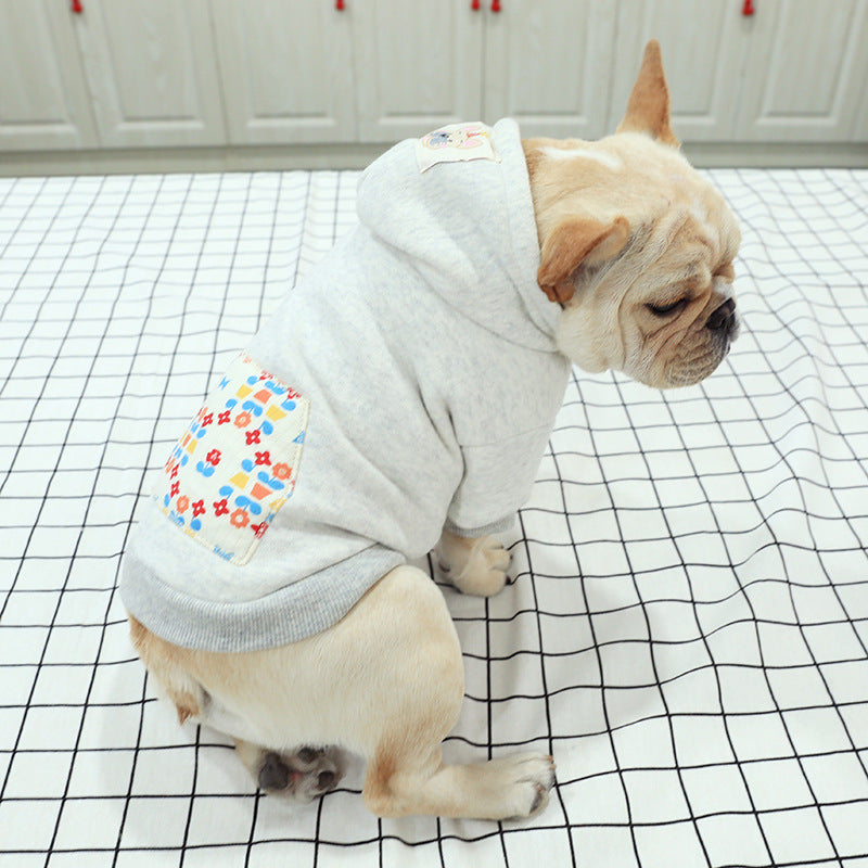 KFX-6522429 Hooded Casual Sweatshirt with Pug Dog Print and Flower Pocket in Grey
