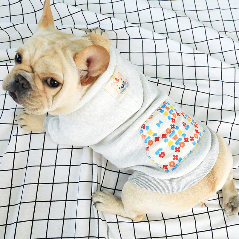 KFX-6522429 Hooded Casual Sweatshirt with Pug Dog Print and Flower Pocket in Grey