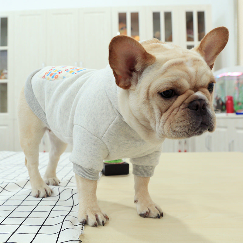 KFX-6522429 Hooded Casual Sweatshirt with Pug Dog Print and Flower Pocket in Grey