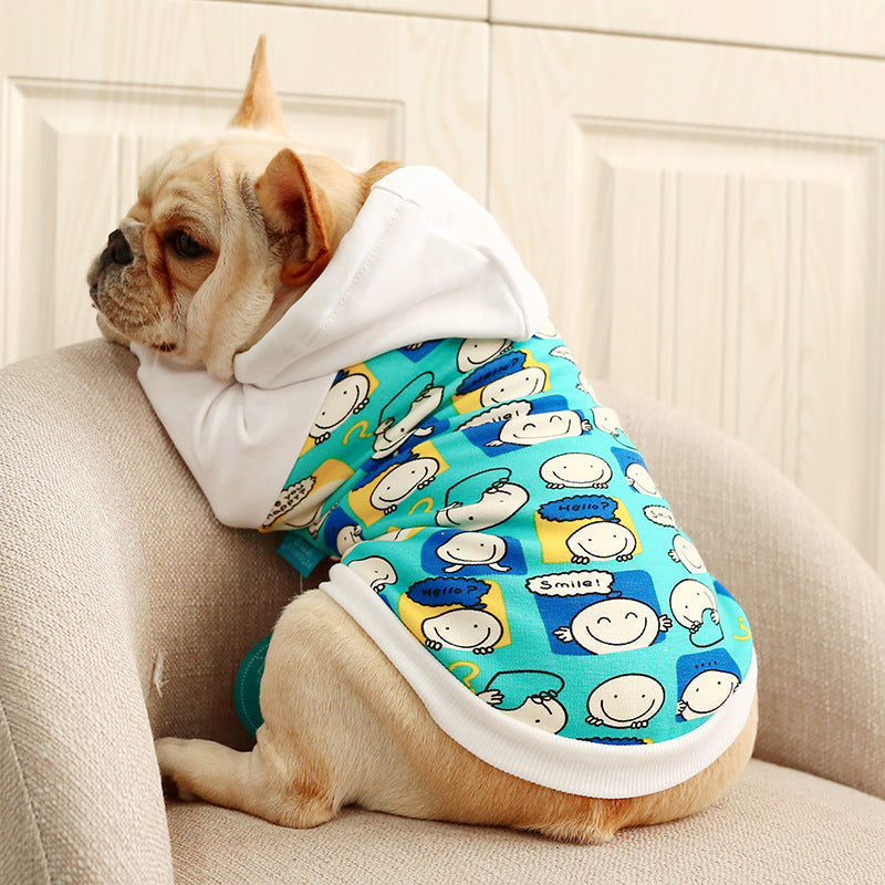 KFX-6522429 Hooded Casual Sweatshirt with Pug Dog Print and Flower Pocket in Grey