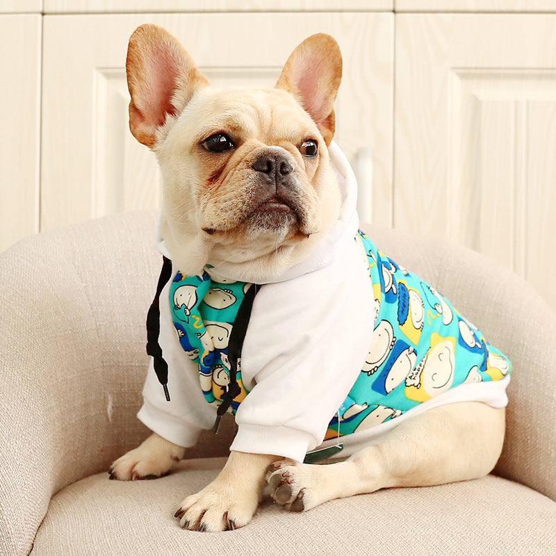 KFX-6522429 Hooded Casual Sweatshirt with Pug Dog Print and Flower Pocket in Grey