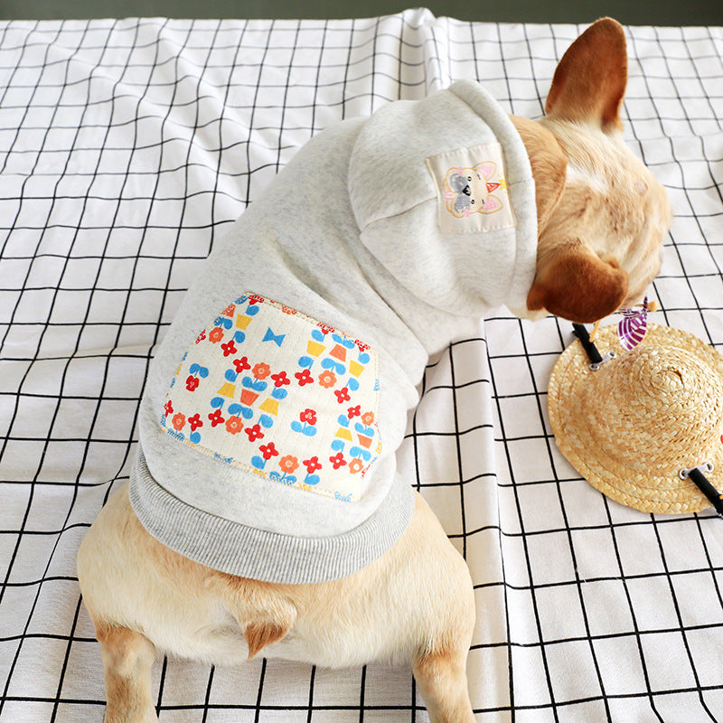 KFX-6522429 Hooded Casual Sweatshirt with Pug Dog Print and Flower Pocket in Grey