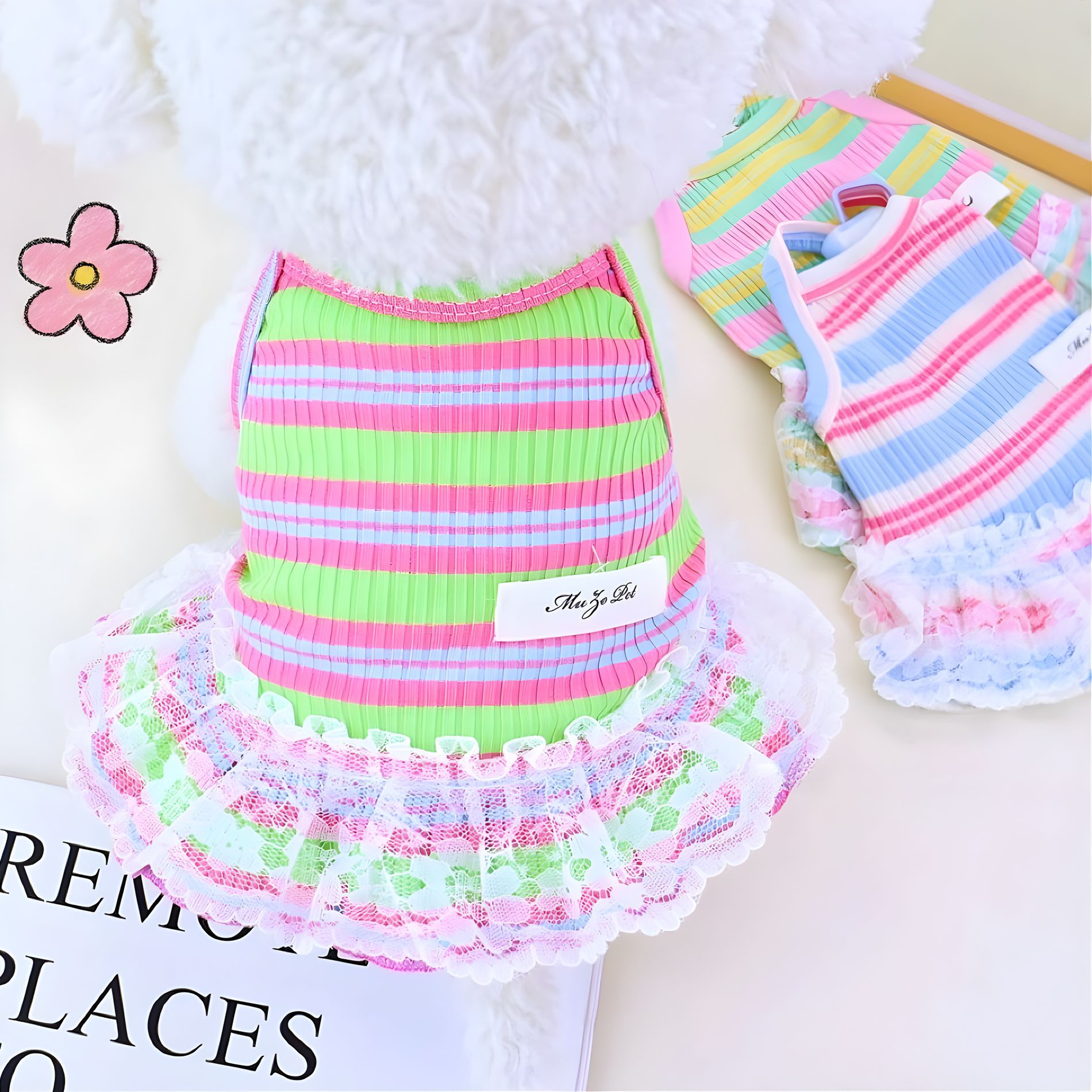 KFX-6523453 Lace Decorative Stripes Princess Dress for Dogs and Cats in Pink, Blue, and Emerald Green