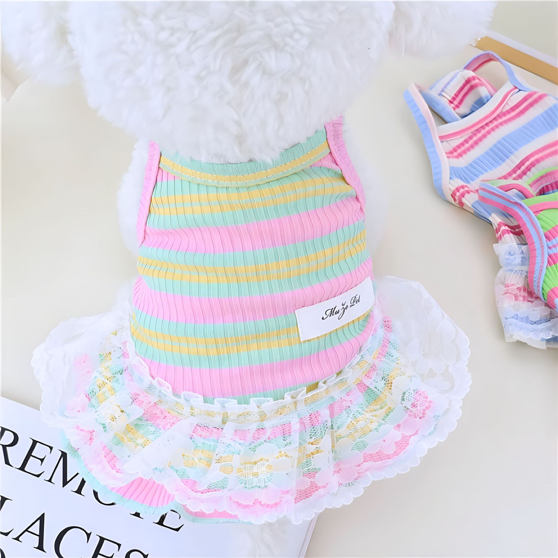 KFX-6523453 Lace Decorative Stripes Princess Dress for Dogs and Cats in Pink, Blue, and Emerald Green