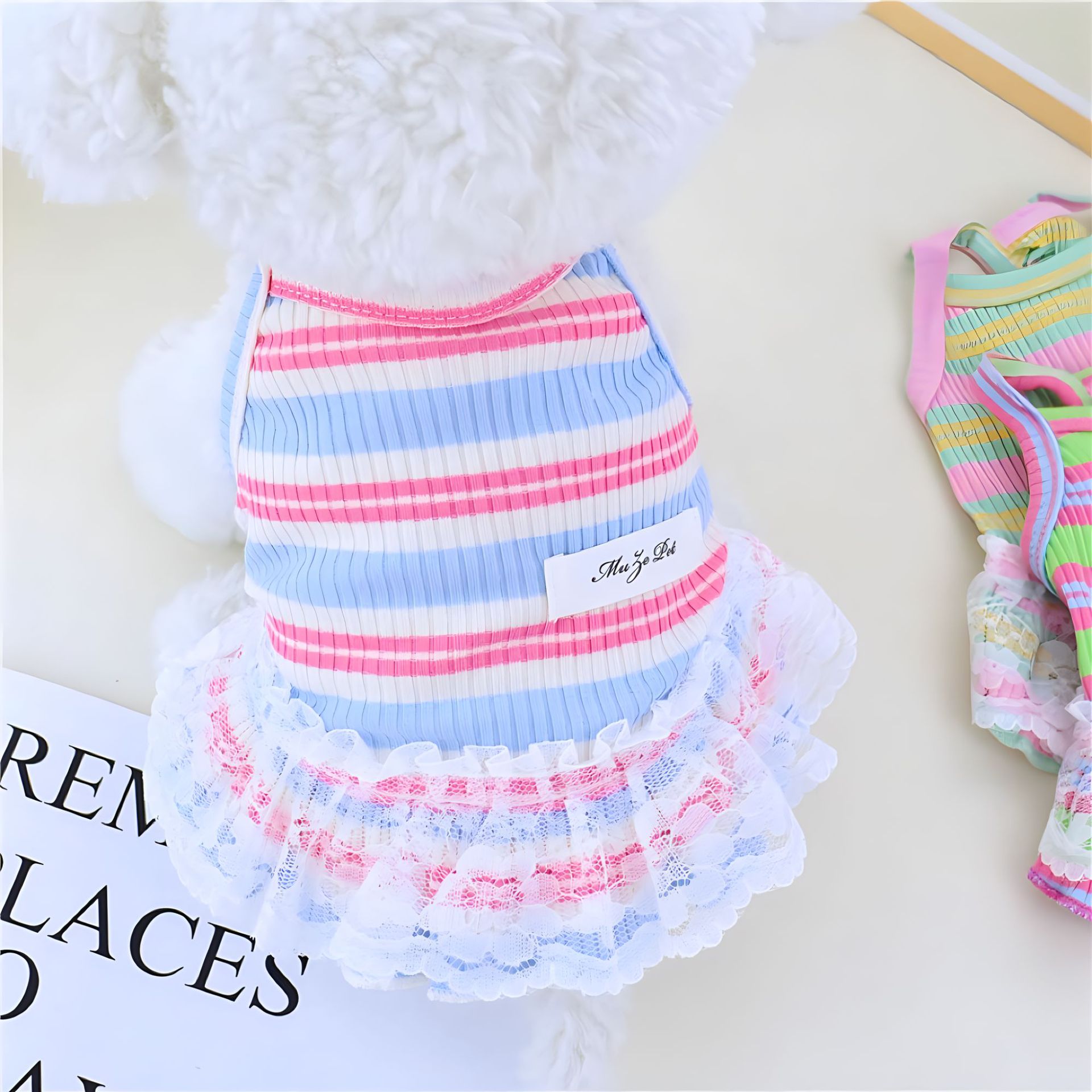 KFX-6523453 Lace Decorative Stripes Princess Dress for Dogs and Cats in Pink, Blue, and Emerald Green