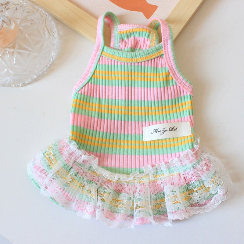 KFX-6523453 Lace Decorative Stripes Princess Dress for Dogs and Cats in Pink, Blue, and Emerald Green