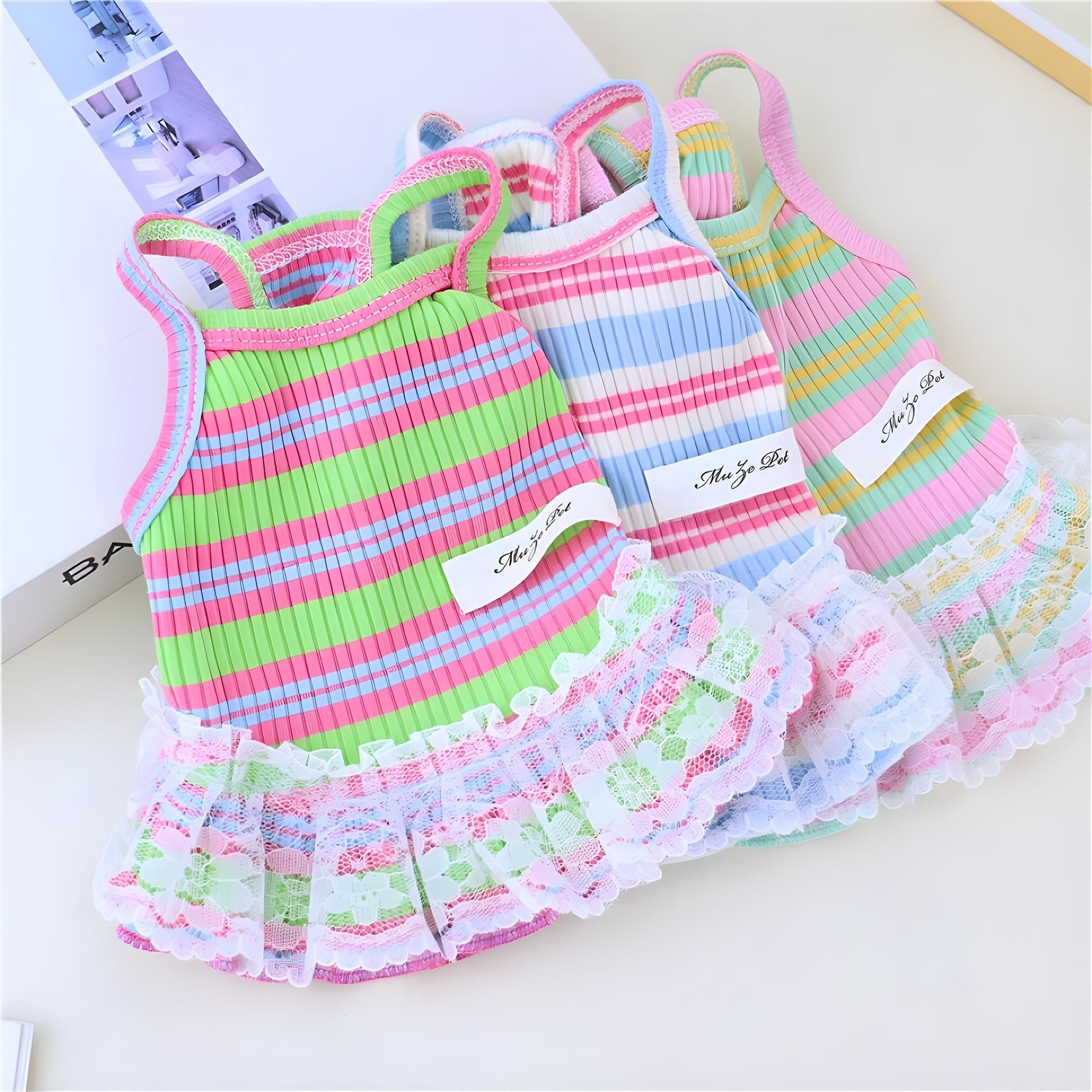 KFX-6523453 Lace Decorative Stripes Princess Dress for Dogs and Cats in Pink, Blue, and Emerald Green