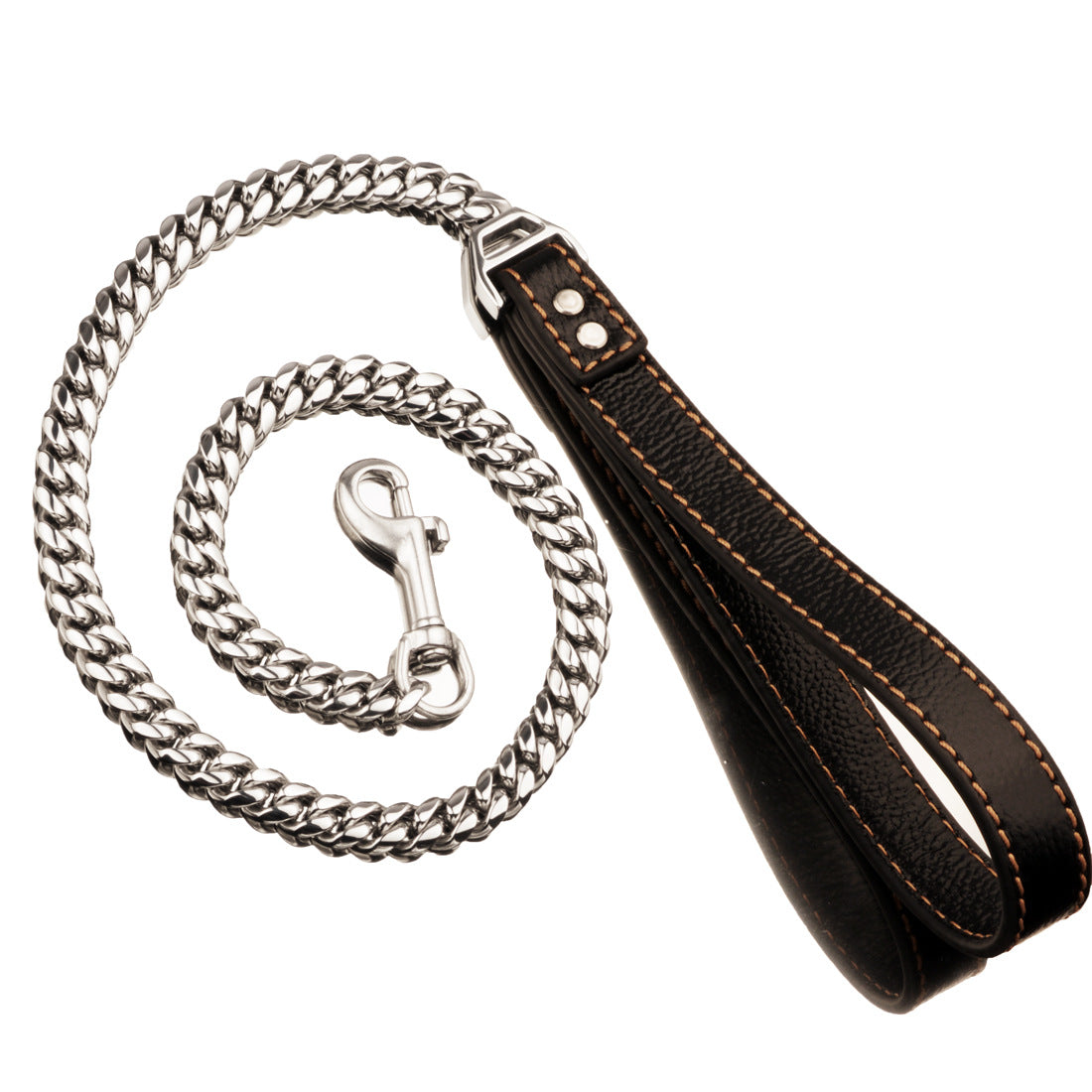 KFX-6531389 Stainless Steel Dog Leash with Leather Collar for Large and Small Breeds 14mm Width