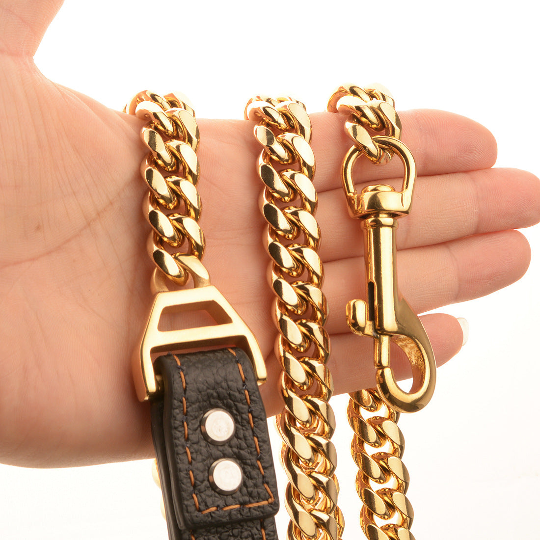 KFX-6531389 Stainless Steel Dog Leash with Leather Collar for Large and Small Breeds 14mm Width