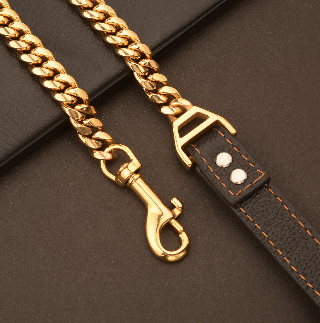 KFX-6531389 Stainless Steel Dog Leash with Leather Collar for Large and Small Breeds 14mm Width